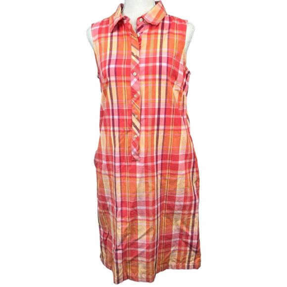 Talbots Sleeveless Plaid Shirt Dress Size 6 Pink Orange - Picture 1 of 12